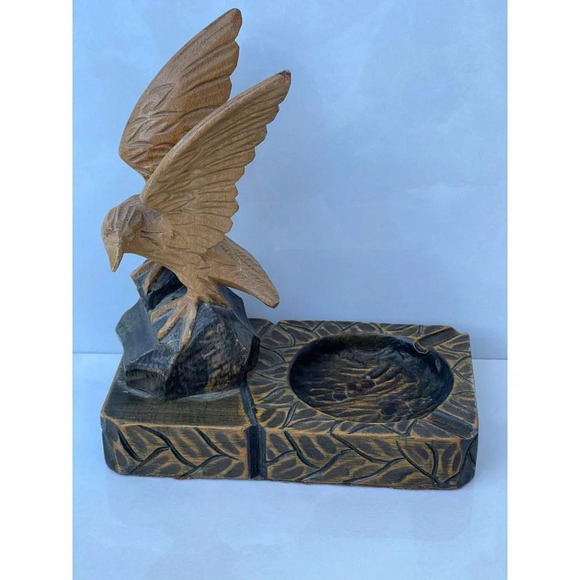 Vintage Wooden Eagle Hand Carved Bird Cigarette Ashtray Figure Brown 4"x 7.5" - Picture 6 of 16
